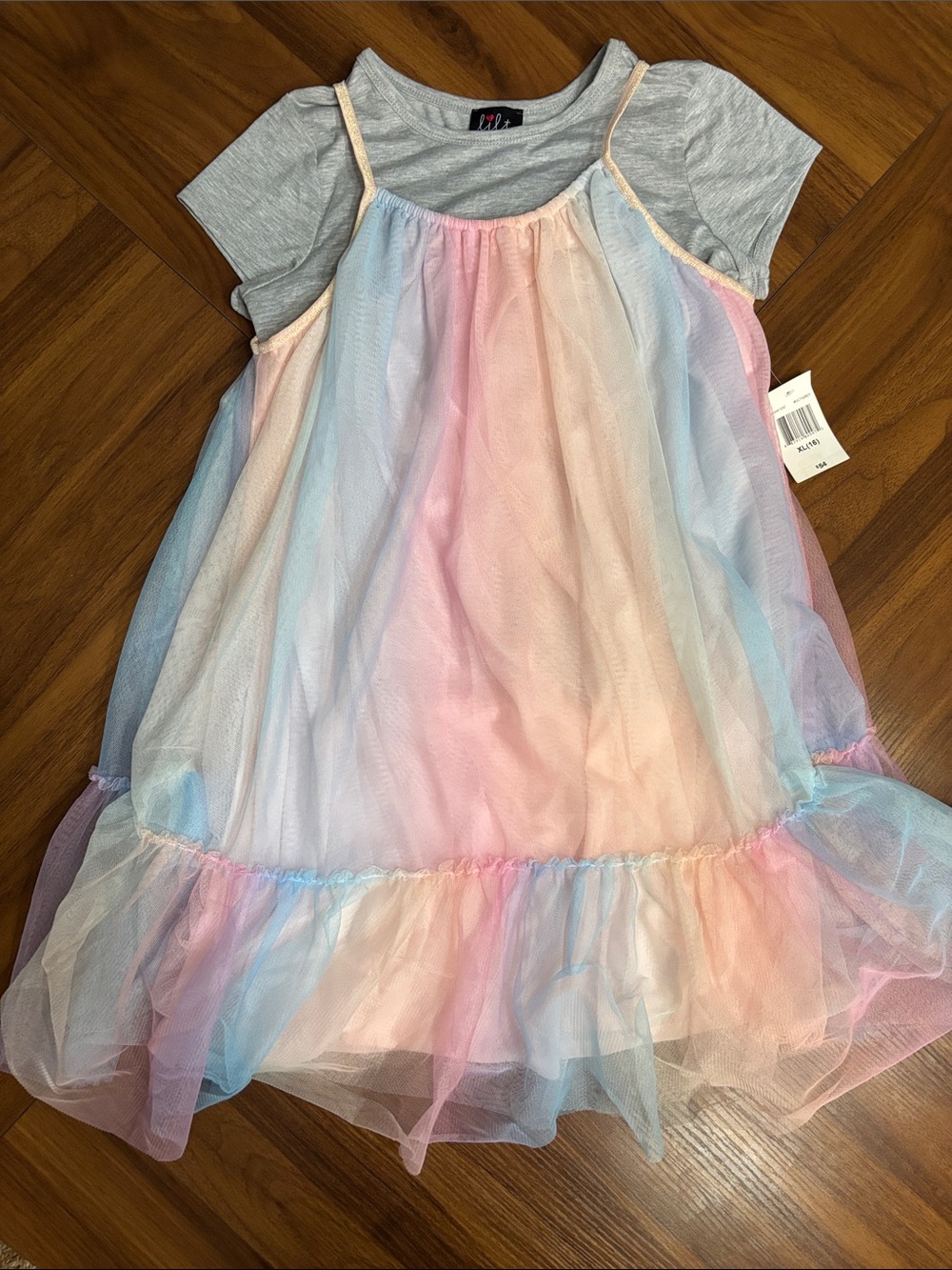 Girls' Pastel Rainbow Tulle Dress with Gray Tee